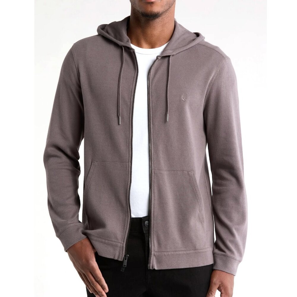 John Varvatos Men's Long Sleeve Peace Sign Cotton Zip Front Hoodie Metal Grey